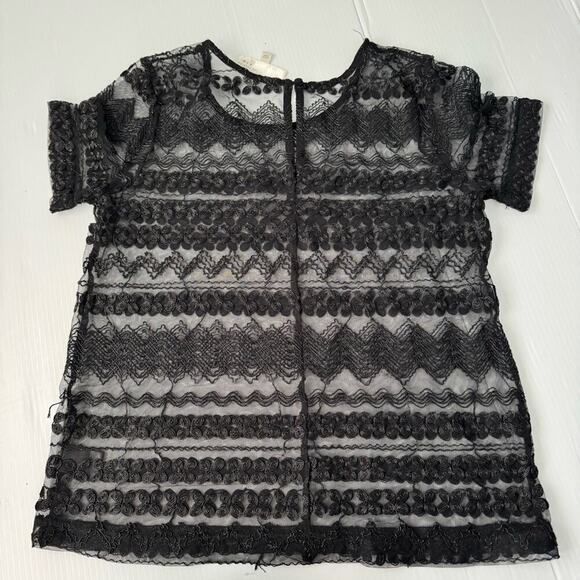J.O.A. Black sheer lace short sleeve overlay t-shirt size medium M Crewneck - Picture 3 of 5